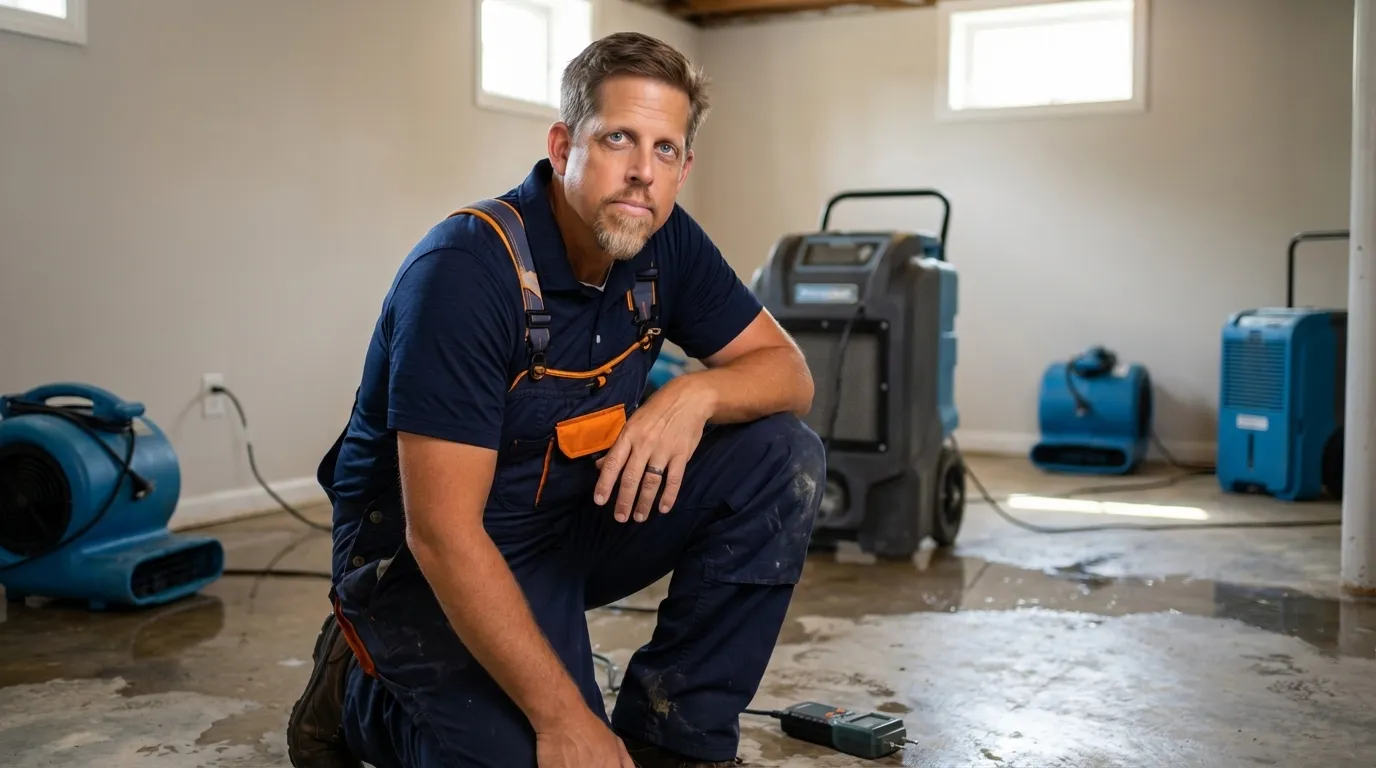 Professional technician extracting water and drying a flooded basement with specialized equipment and fans in Charlotte, NC by Water Damage Charlotte