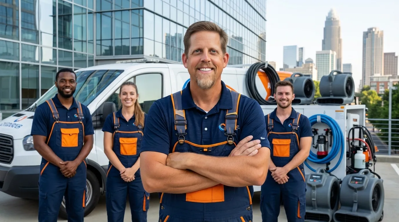 Commercial building interior undergoing water damage restoration with drying equipment and restoration tools in use by Water Damage Charlotte in Charlotte, NC