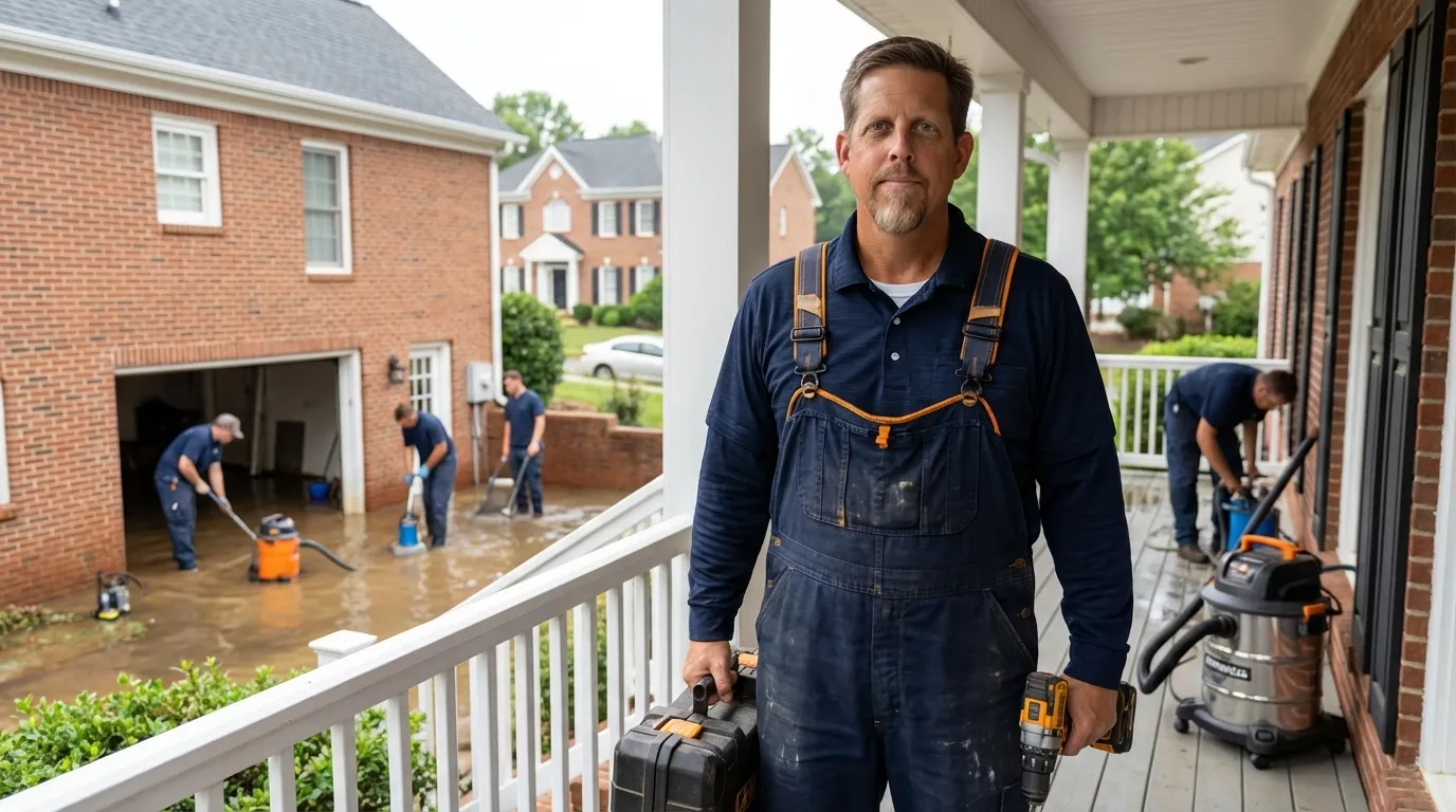 Professional crew from Water Damage Charlotte using industrial pumps and wet vacuums to remove water from a flooded residential basement in Charlotte, NC