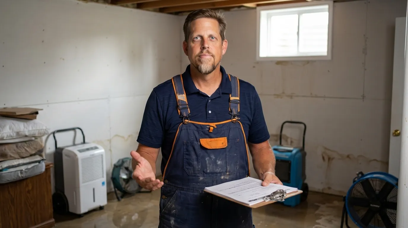 Water damage restoration professional inspecting flooded residential basement in Charlotte, NC for insurance claim documentation by Water Damage Charlotte