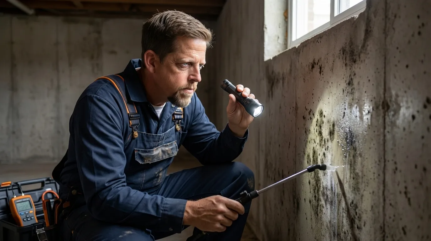 Professional mold inspection and prevention treatment by Water Damage Charlotte on a damp wall in Charlotte, NC
