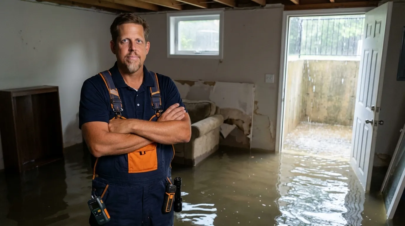 Flooded residential basement with rising water near furniture and walls showing water damage from heavy rain and storm flooding in Charlotte, NC by Water Damage Charlotte