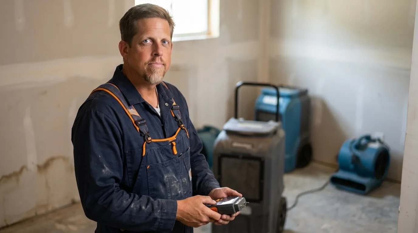 Technician from Water Damage Charlotte setting up professional structural drying and industrial dehumidification equipment to remove moisture from water-damaged walls and flooring in Charlotte, NC