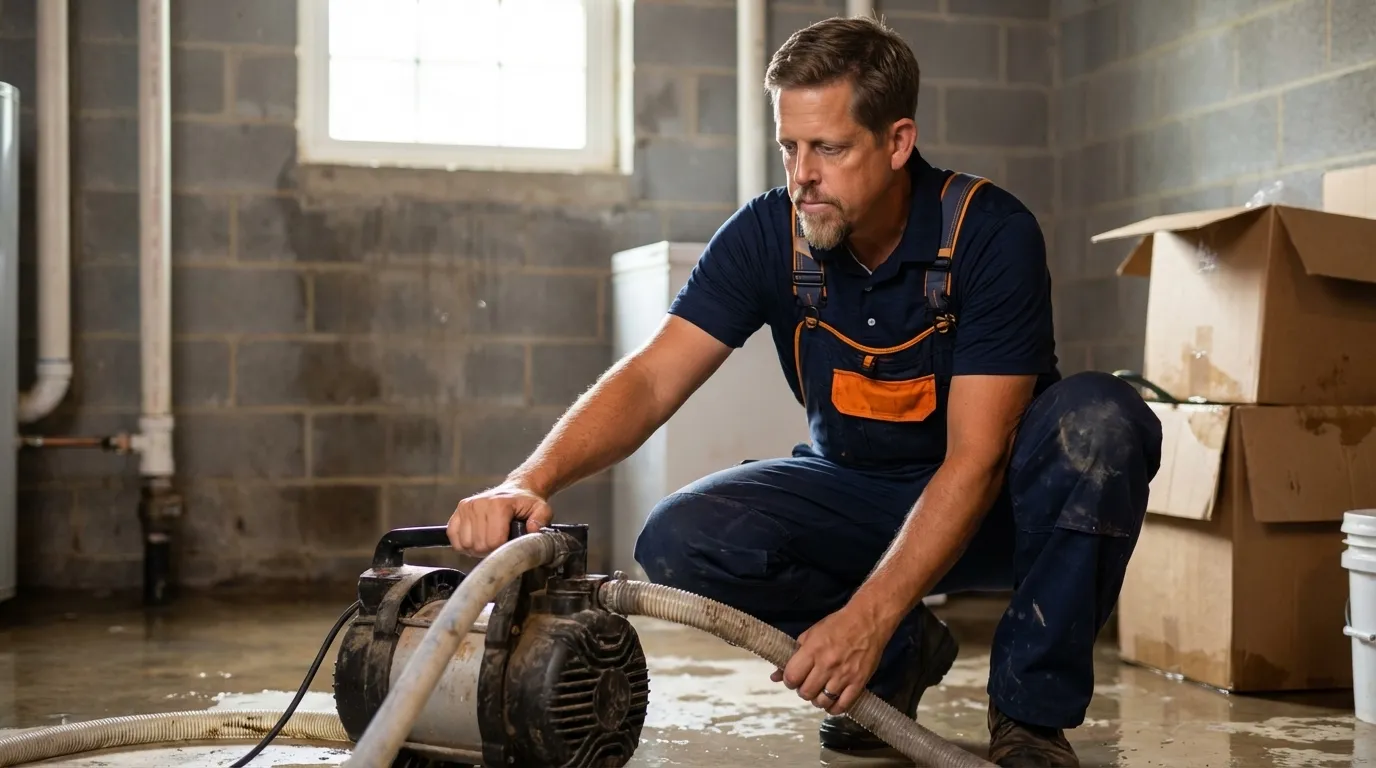 Professional technician using specialized equipment for water extraction in a flooded residential basement in Charlotte, NC by Water Damage Charlotte